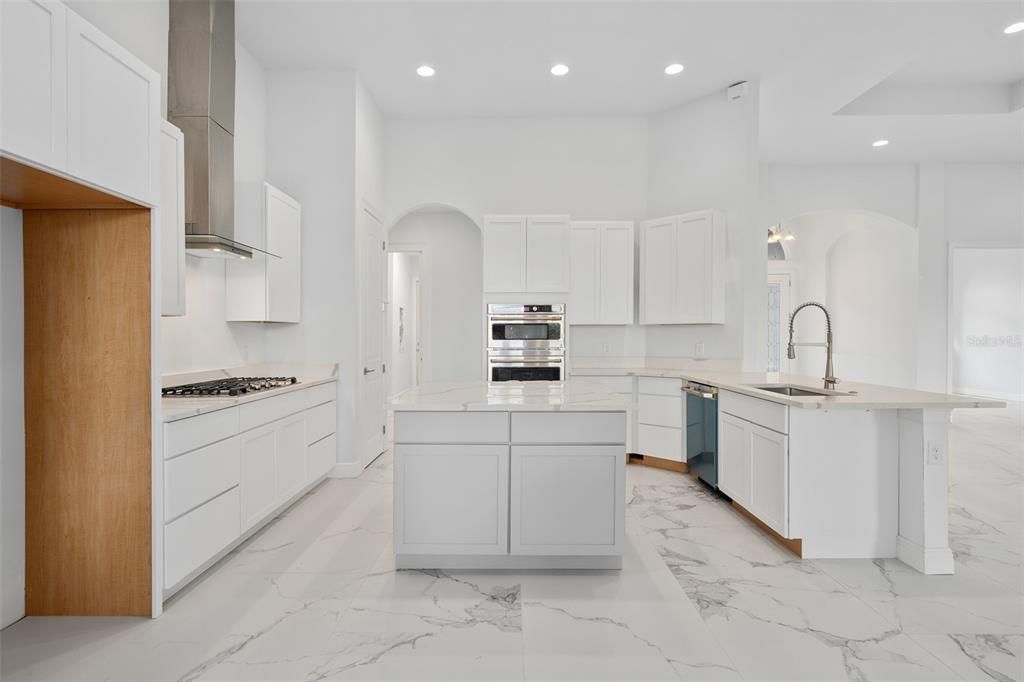 Interior, Kitchen, Marble, Recessed Lighting, Stainless Steel Appliances