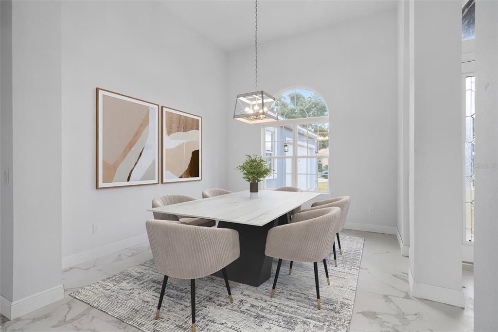 Dining room, Interior, Marble, Pendant Lights