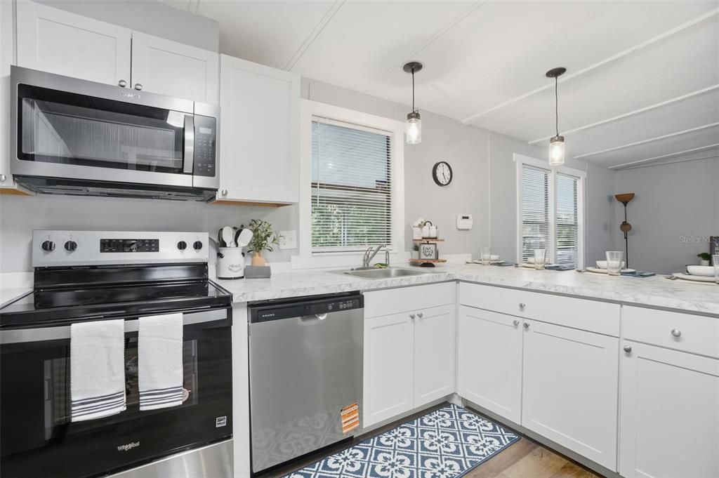 Interior, Kitchen, Pendant Lights, Stainless Steel Appliances, Wood Texture Flooring