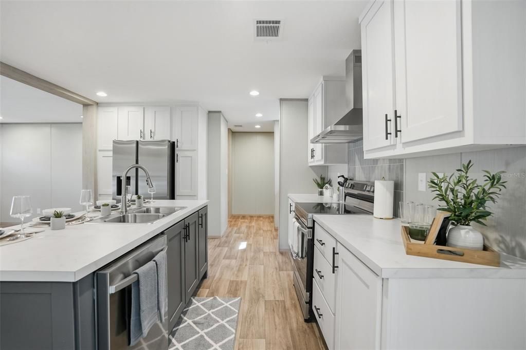 Interior, Kitchen, Recessed Lighting, Stainless Steel Appliances, Wood Texture Flooring