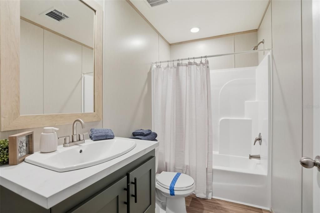 Bathroom, Interior, Recessed Lighting, Wood Texture Flooring