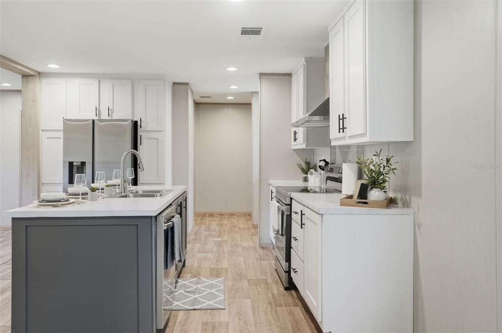 Interior, Kitchen, Recessed Lighting, Wood Texture Flooring
