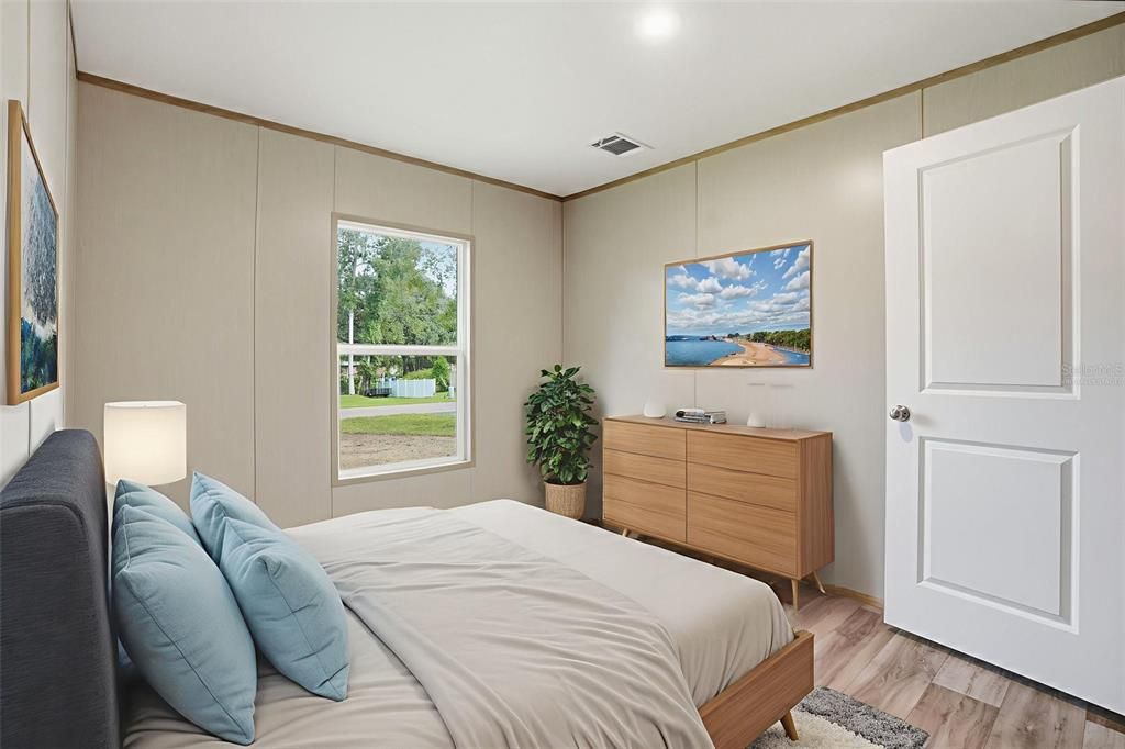 Bedroom, Interior, Recessed Lighting, Wood Texture Flooring
