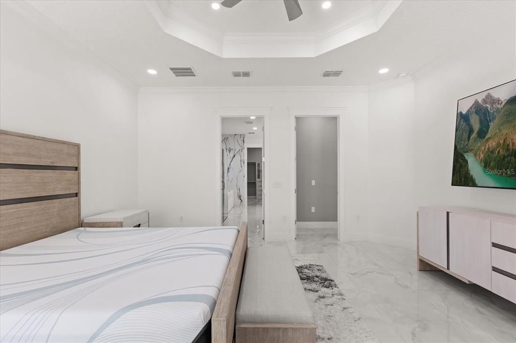 Bedroom, Interior, Marble, Recessed Lighting