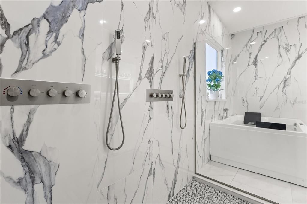 Bathroom, Glass Shower, Interior, Marble Walls, Recessed Lighting