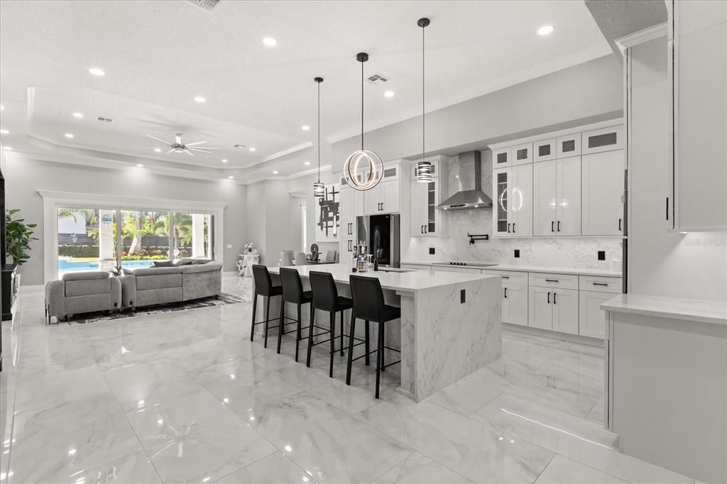 Interior, Kitchen, Living room, Marble, Pendant Lights, Recessed Lighting