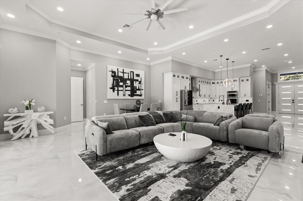 Interior, Kitchen, Living room, Marble, Pendant Lights, Recessed Lighting, Stainless Steel Appliances