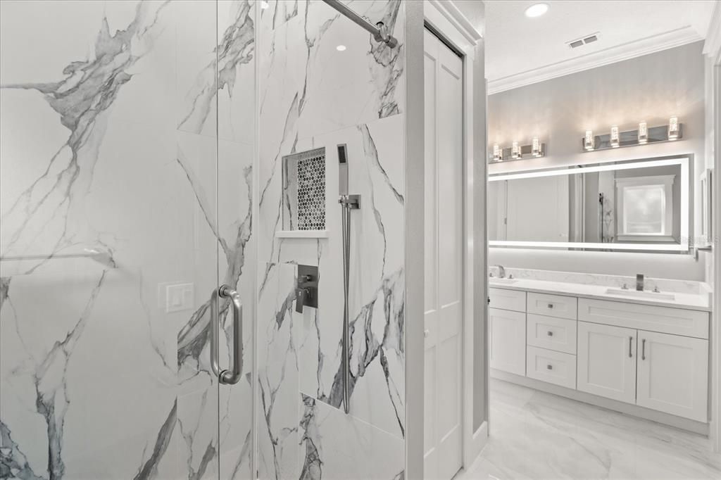 Bathroom, Interior, Marble Walls, Recessed Lighting