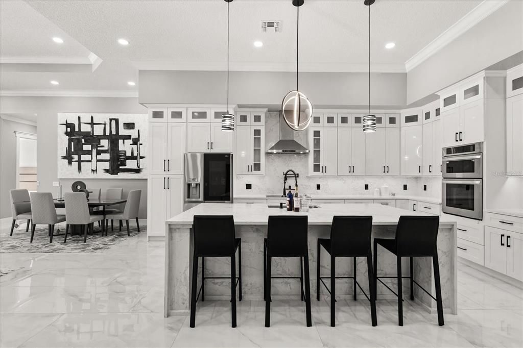 Dining room, Interior, Kitchen, Marble, Pendant Lights, Recessed Lighting, Stainless Steel Appliances