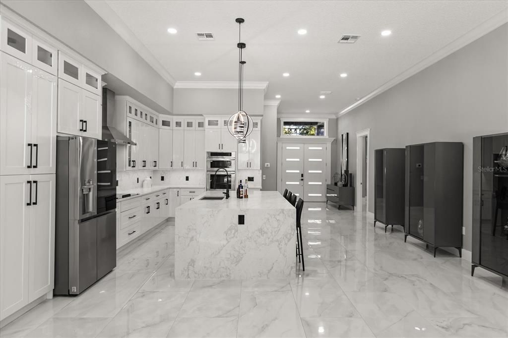 Interior, Kitchen, Marble, Pendant Lights, Recessed Lighting, Stainless Steel Appliances