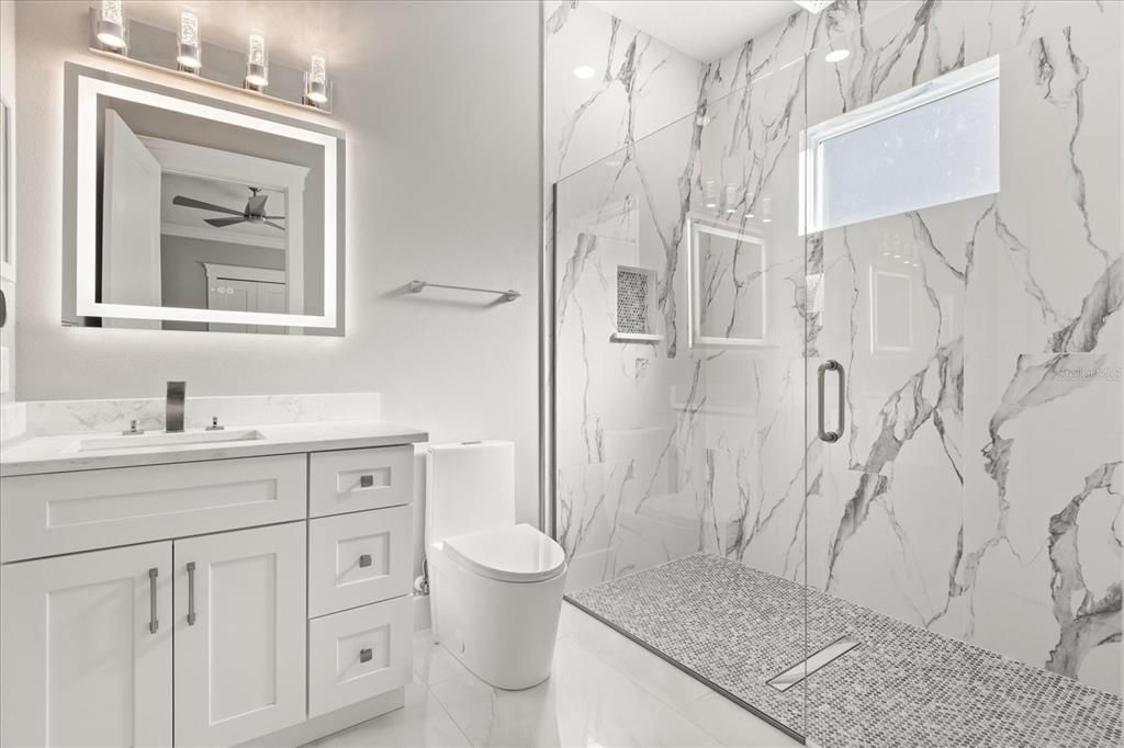 Bathroom, Glass Shower, Interior, Marble Walls