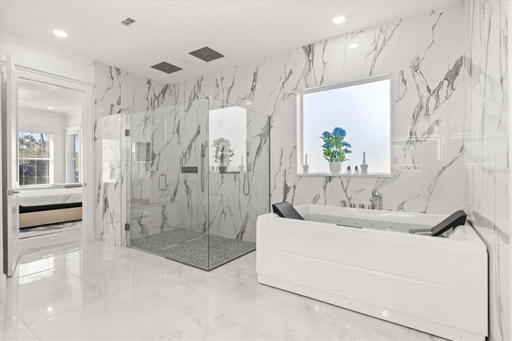 Bathroom, Glass Shower, Interior, Marble, Marble Walls, Recessed Lighting