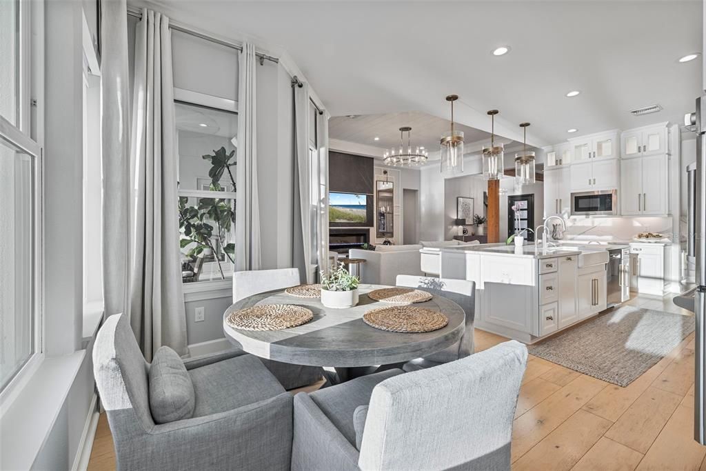 Dining room, Interior, Kitchen, Living room, Pendant Lights, Recessed Lighting, Stainless Steel Appliances, Wood Texture Flooring