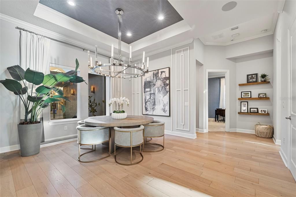 Dining room, Interior, Pendant Lights, Recessed Lighting, Wood Texture Flooring