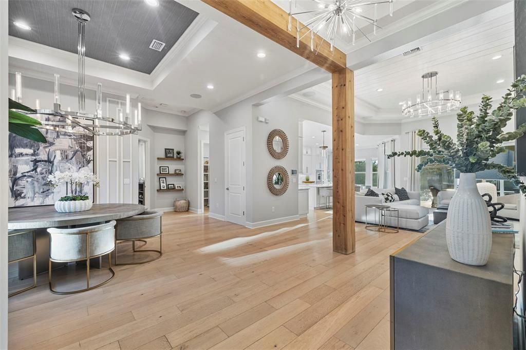 Chandelier, Dining room, Interior, Living room, Pendant Lights, Recessed Lighting, Wood Texture Flooring
