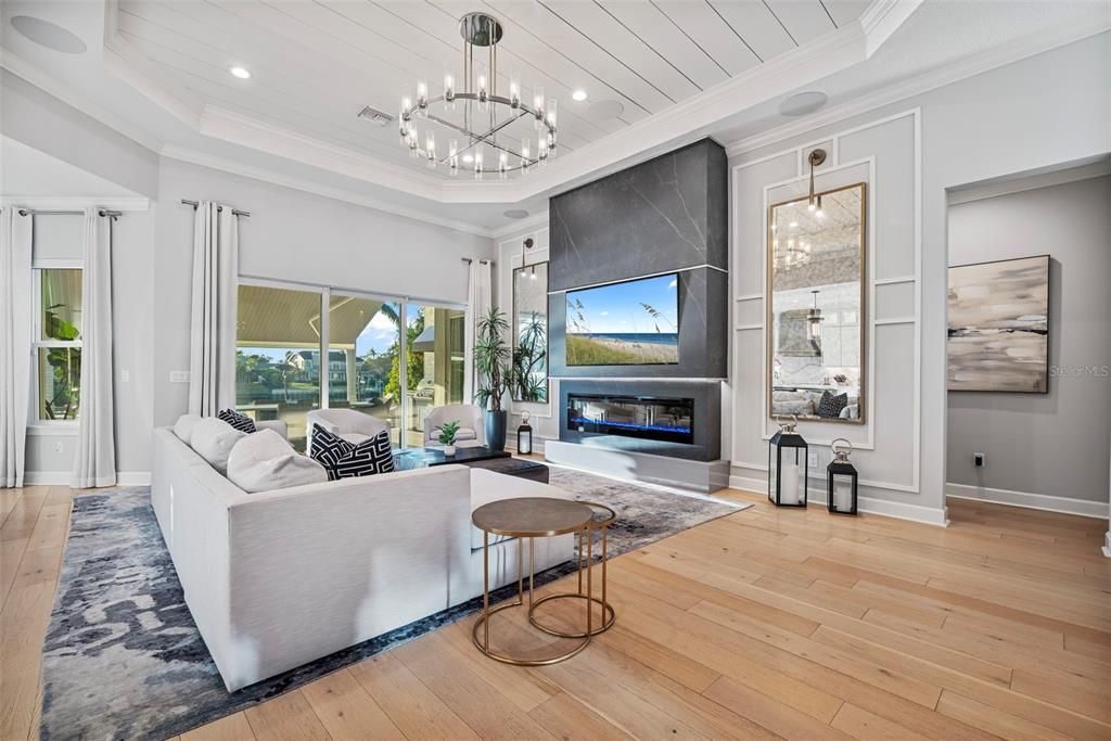 Fireplace, Interior, Living room, Pendant Lights, Recessed Lighting, Wood Texture Flooring