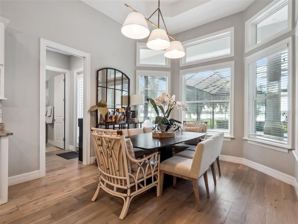 Dining room, Interior, Pendant Lights, Wood Texture Flooring