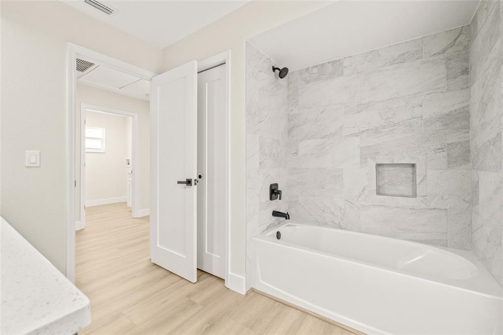 Bathroom, Interior, Marble Walls, Wood Texture Flooring
