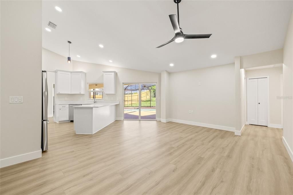 Empty room, Interior, Kitchen, Recessed Lighting, Wood Texture Flooring
