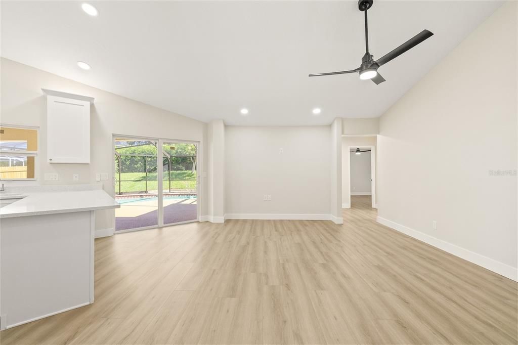 Empty room, Interior, Kitchen, Recessed Lighting, Wood Texture Flooring