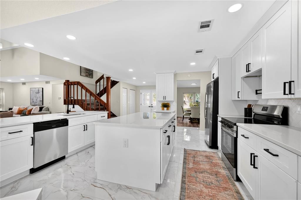 Interior, Kitchen, Marble, Recessed Lighting, Stainless Steel Appliances