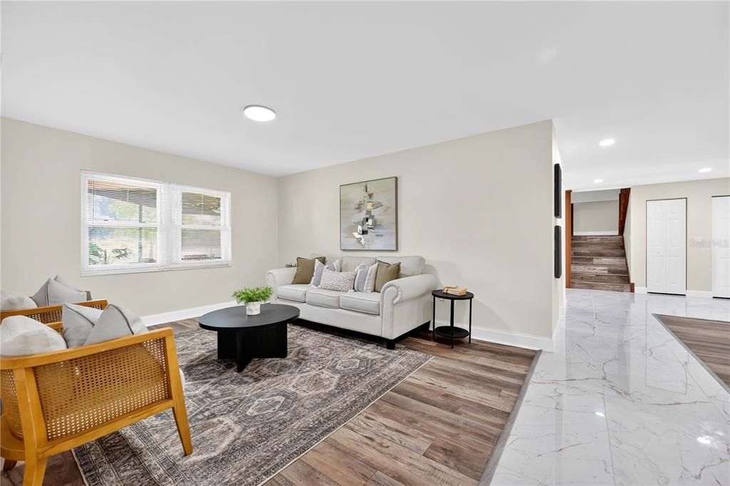 Interior, Living room, Marble, Recessed Lighting, Wood Texture Flooring