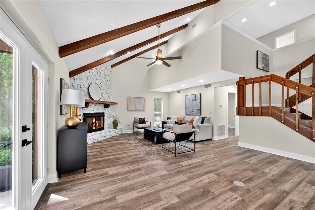 Fireplace, Interior, Living room, Recessed Lighting, Wooden Beams, Wood Texture Flooring