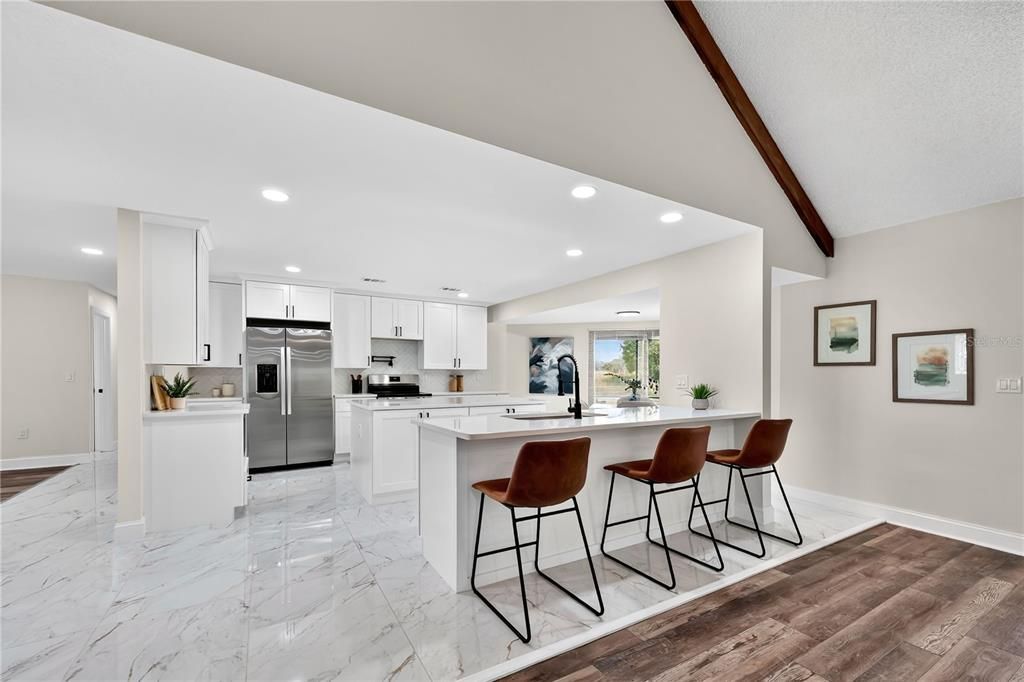 Interior, Kitchen, Marble, Recessed Lighting, Stainless Steel Appliances, Wooden Beams, Wood Texture Flooring
