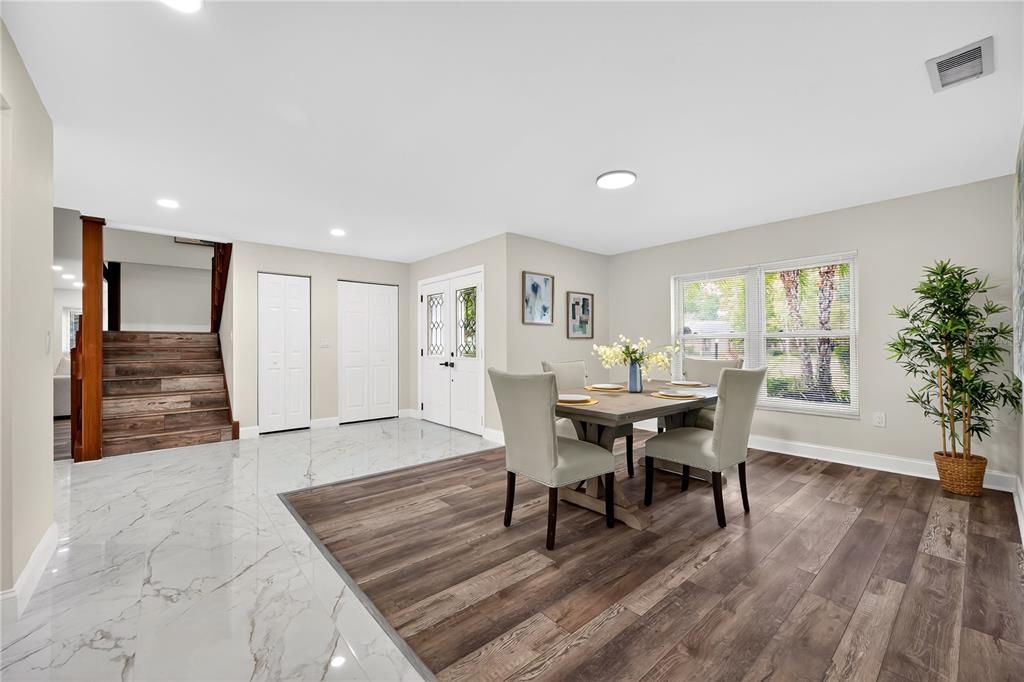 Dining room, Interior, Marble, Recessed Lighting, Wood Texture Flooring
