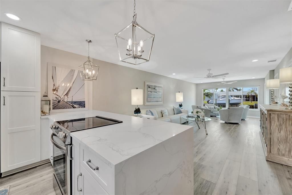 Dining room, Interior, Kitchen, Living room, Pendant Lights, Recessed Lighting, Wood Texture Flooring