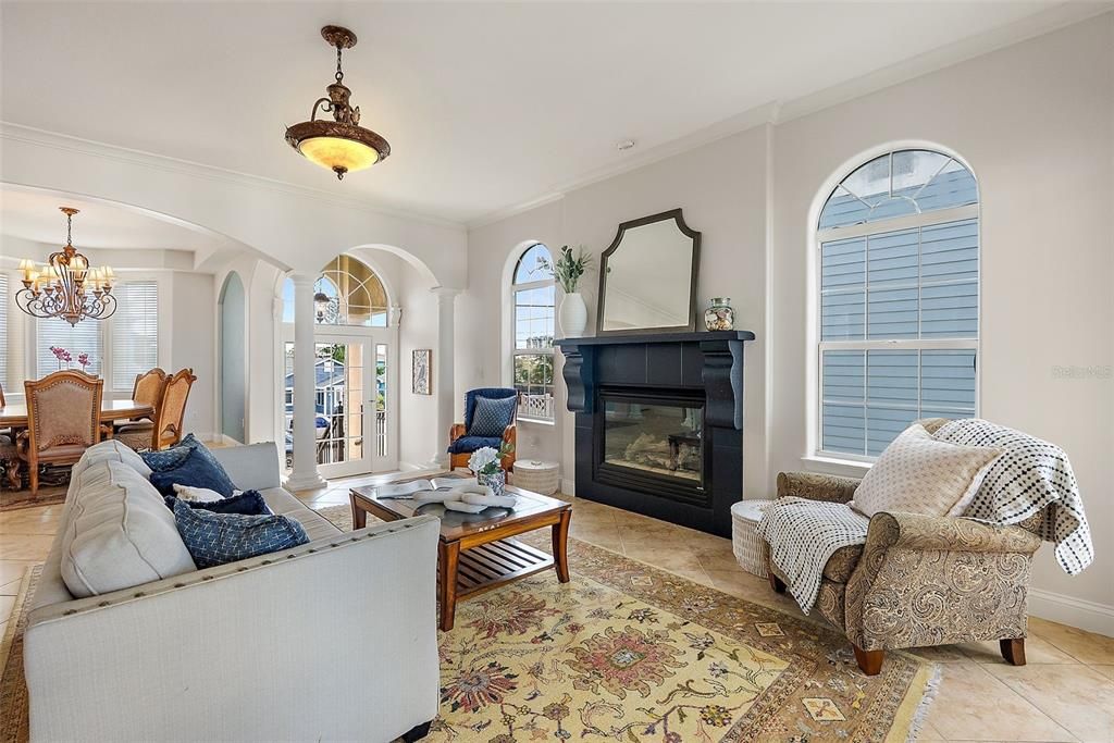 Chandelier, Dining room, Fireplace, Interior, Living room