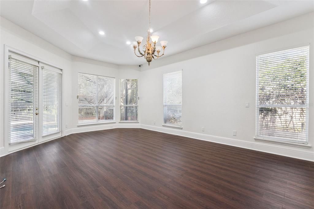 Chandelier, Empty room, Interior, Recessed Lighting, Wood Texture Flooring