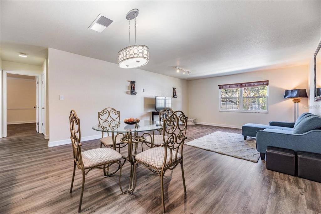 Dining room, Interior, Living room, Pendant Lights, Wood Texture Flooring