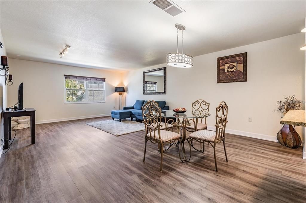 Dining room, Interior, Pendant Lights, Wood Texture Flooring