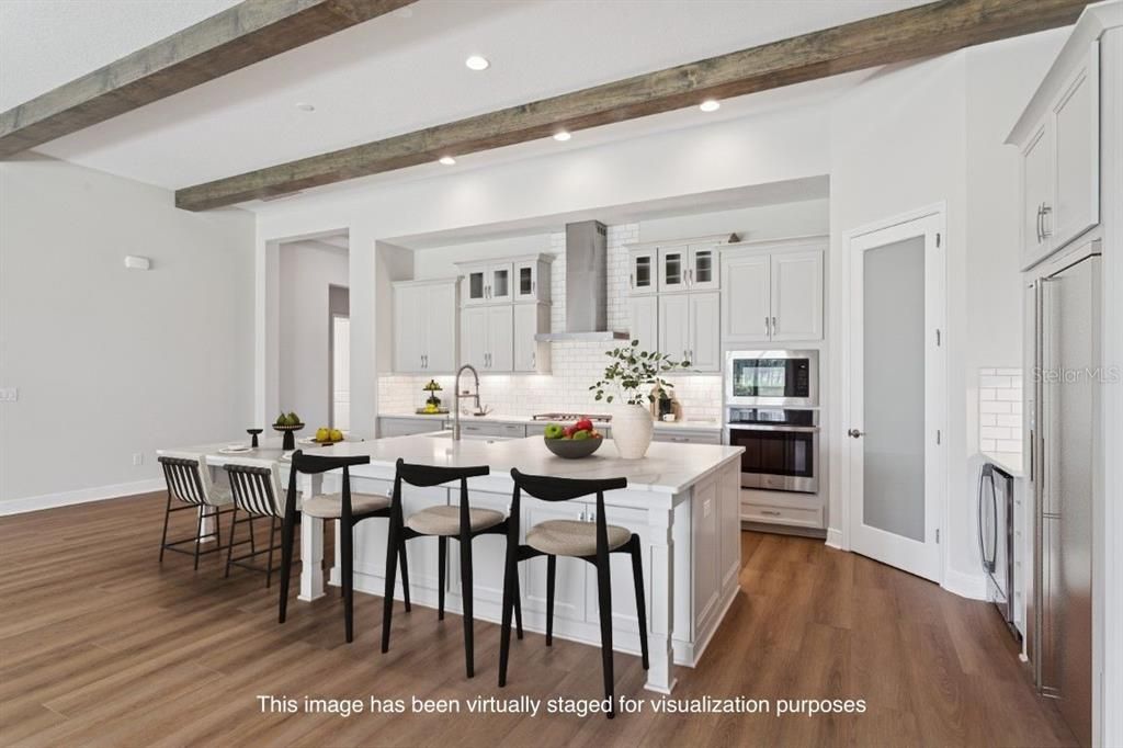 Interior, Kitchen, Recessed Lighting, Stainless Steel Appliances, Wooden Beams, Wood Texture Flooring