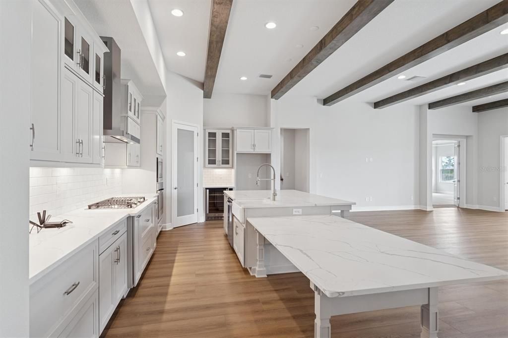Interior, Kitchen, Recessed Lighting, Stainless Steel Appliances, Wooden Beams, Wood Texture Flooring