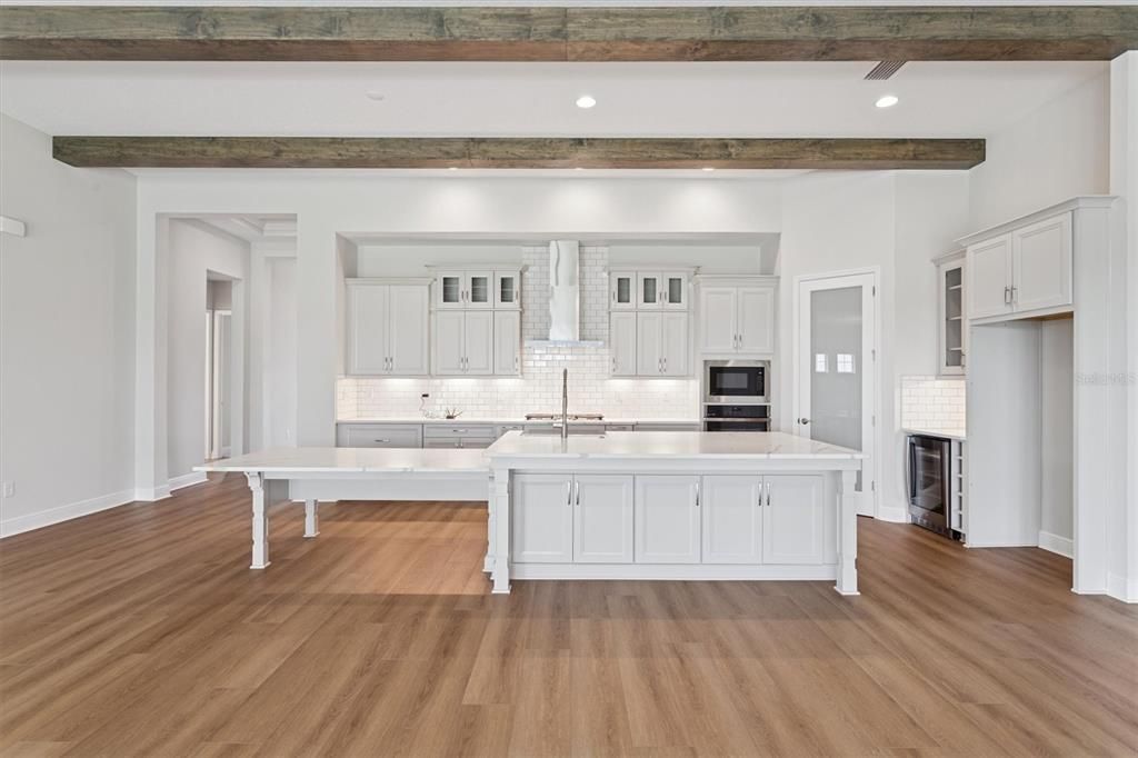 Interior, Kitchen, Recessed Lighting, Stainless Steel Appliances, Wooden Beams, Wood Texture Flooring
