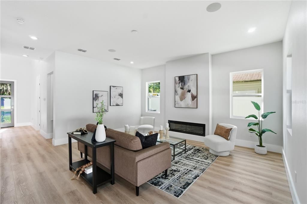 Fireplace, Interior, Living room, Recessed Lighting, Wood Texture Flooring