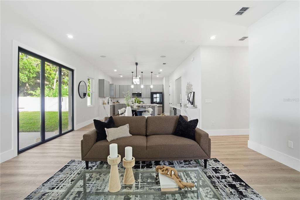 Dining room, Interior, Kitchen, Living room, Pendant Lights, Recessed Lighting, Wood Texture Flooring
