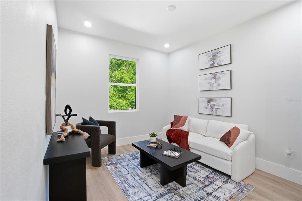 Interior, Living room, Recessed Lighting, Wood Texture Flooring
