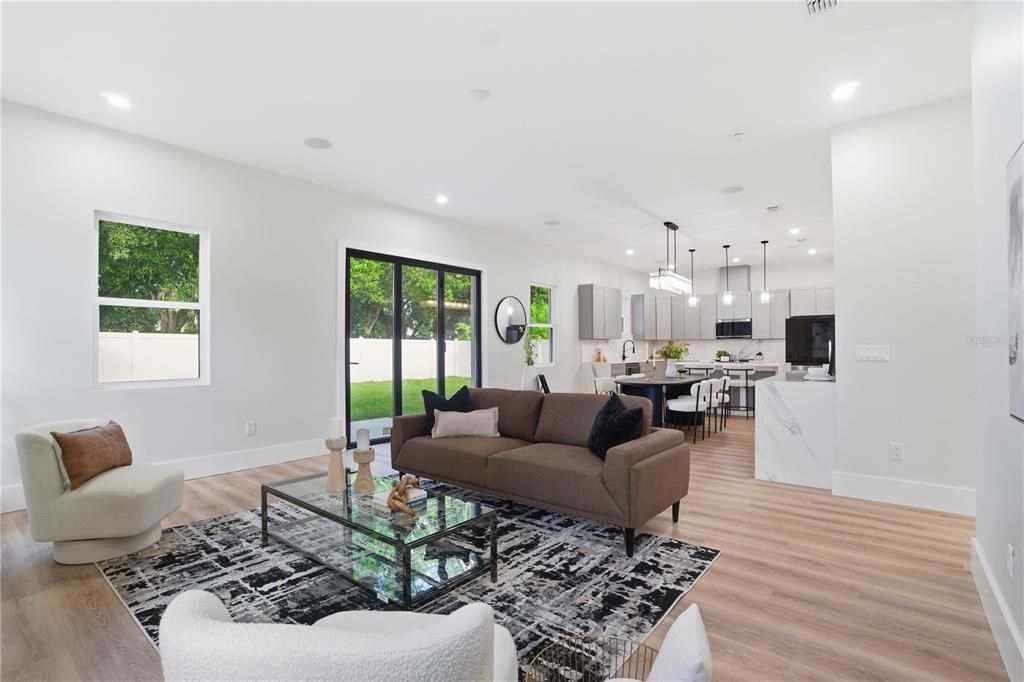Dining room, Interior, Kitchen, Living room, Pendant Lights, Recessed Lighting, Wood Texture Flooring