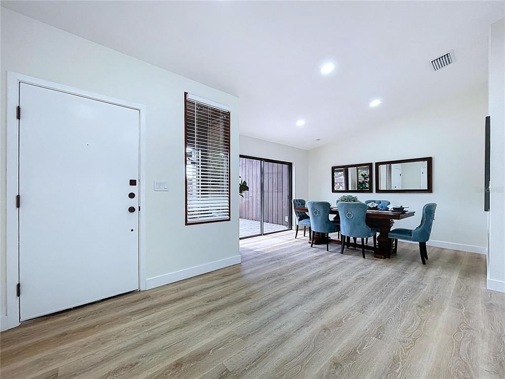 Dining room, Interior, Recessed Lighting, Wood Texture Flooring