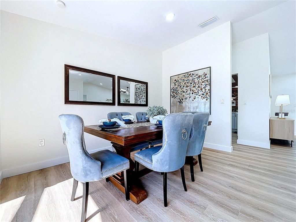 Dining room, Interior, Recessed Lighting, Wood Texture Flooring