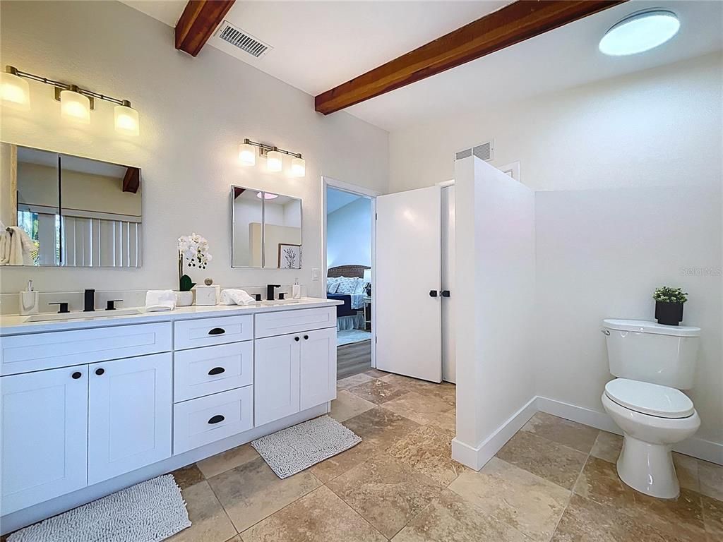 Bathroom, Dual Sink Vanities, Interior, Wooden Beams