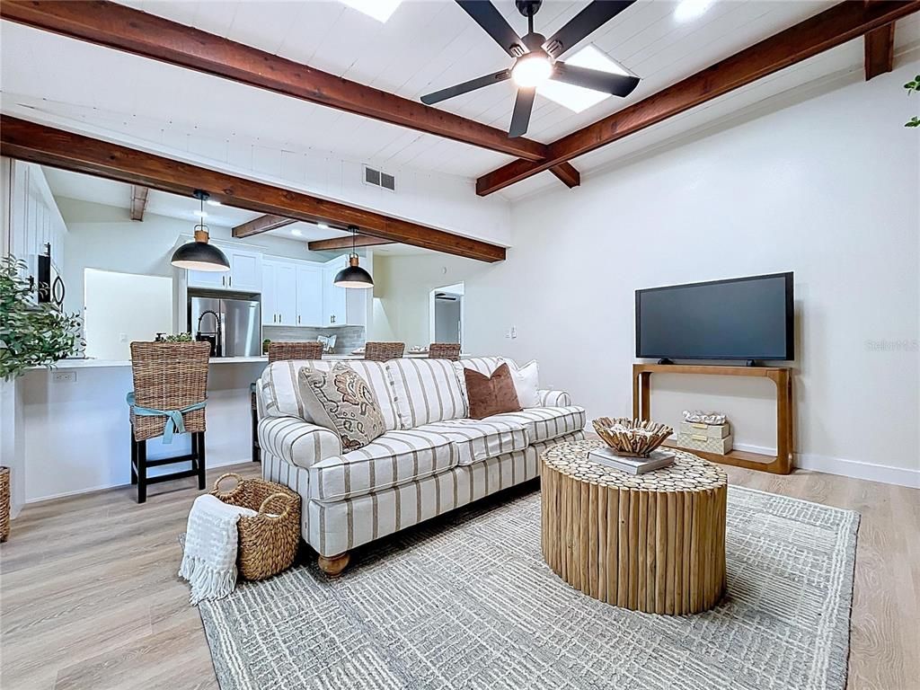 Interior, Kitchen, Living room, Pendant Lights, Stainless Steel Appliances, Wooden Beams, Wood Texture Flooring