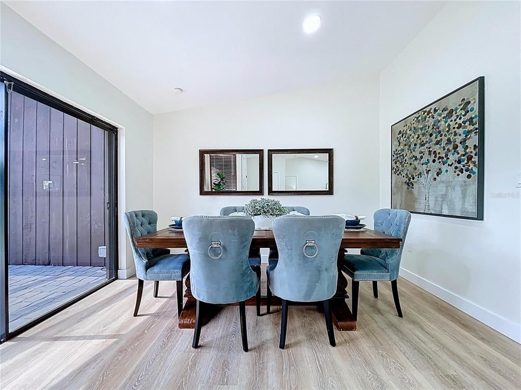 Dining room, Interior, Recessed Lighting, Wood Texture Flooring