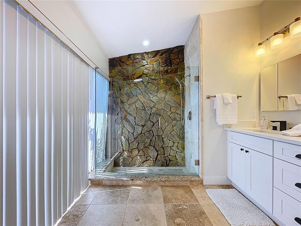 Bathroom, Interior, Recessed Lighting, Stone Walls