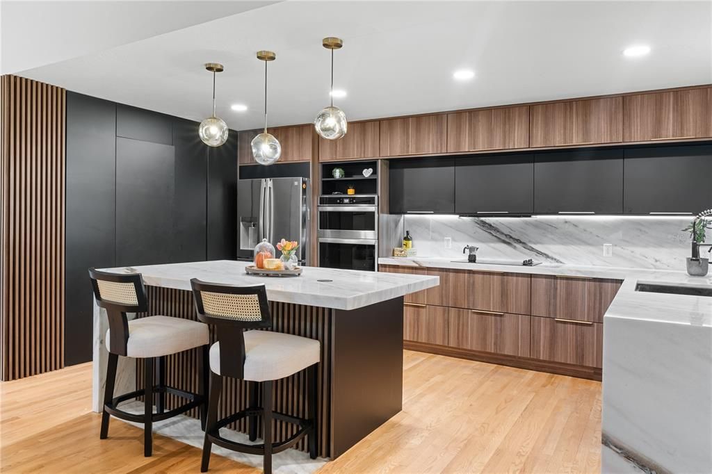 Interior, Kitchen, Pendant Lights, Recessed Lighting, Stainless Steel Appliances, Wood Texture Flooring