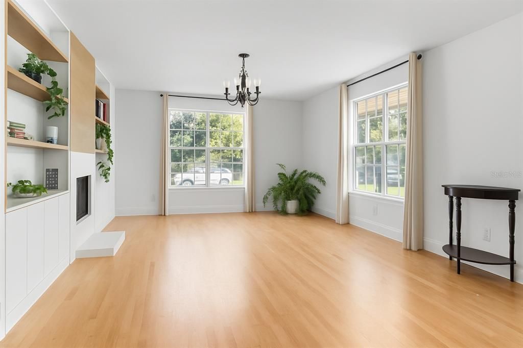 Chandelier, Empty room, Fireplace, Interior, Wood Texture Flooring