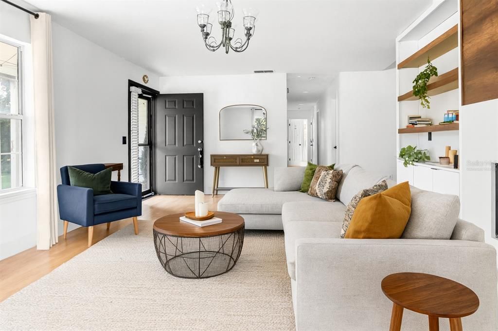 Chandelier, Interior, Living room, Wood Texture Flooring
